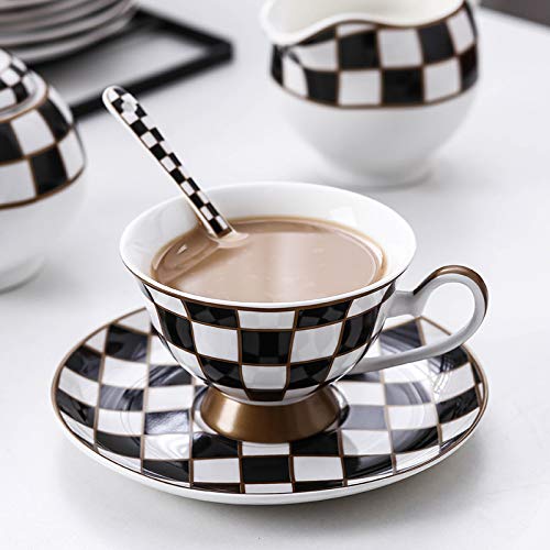 Porlien Checker Pattern 17-Piece Tea Set For 6 With Teapot, 5-Ounce Teacups And Saucers, Milk Jug & Sugar Bowl（Without Rack) #TOP6