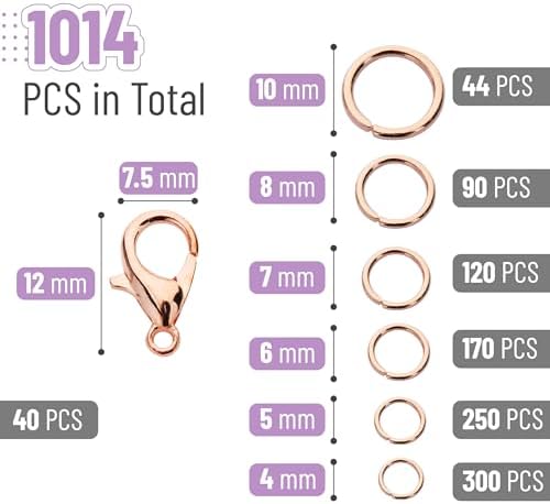 Mr. Pen Open Jump Rings - Champagne, 1014 Pcs, 6 Sizes for Jewelry Making