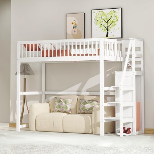 KUAKE Hochbett 90x200 mit Treppe, weißes Kinderbett aus Holz mit Aufbewahrungsregal, einfacher Kleiderschrank (90x200)