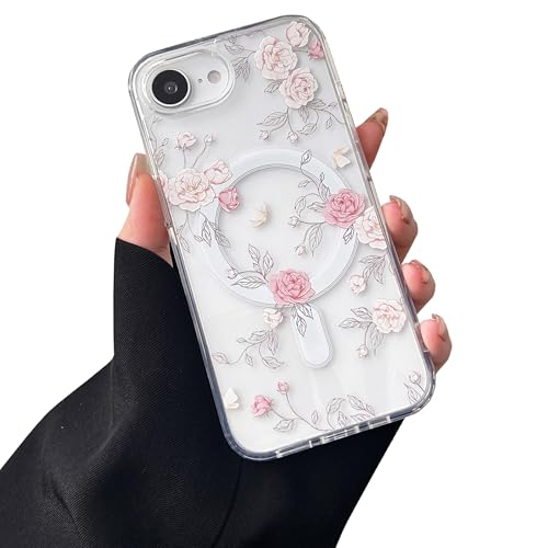 Coque iPhone 16e mignonne fleurie rose idée cadeau idéal pour fille et femme avec MagSafe rigide