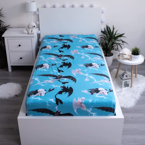Jerry Fabrics F - Drap Housse - Dragon - Bleu - 1 Piece - Enfant - 1 Personne - Coins Elastiques - 90 x 200 cm - 100% Coton Cover