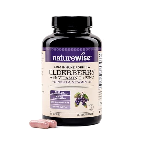 Image of NatureWise Elderberry Vitamin C and Zinc for Adults - Sambucus Black Elderberry and Ginger & Vitamin D3 5000IU - 5 in 1 Immune Support - Non-GMO - USA Manufactured - 120 Veggie Capsules[60-Day Supply]