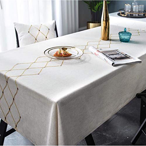 Bringsine Embroidery Geometric Diamond Tablecloth Heavy Weight Cotton Linen Fabric Dust-Proof Water-Proof Table Cloth Cover For Kitchen Dinning Tabletop Decoration (Rectangle/Oblong, 53 X 70 Inch) #TOP3