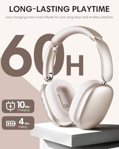 Image of Wentronic Y02 Active Noise Cancelling Headphones, Wireless Over-Ear Bluetooth 5.4 Headphones with Microphone, 60H Playtime, Hi-Res Audio,Big Bass,Foldable Lightweight for Travel Home Office, Starlight