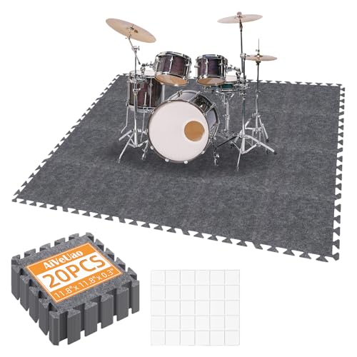 AiVeUao 20Pcs Sound Absorbing Interlocking Floor Mats, 11 x 11 x 0.3 Inch High Density Piano Carpet Drum Rug, Non-Slip Anti Vibration Soundproof Pads, Grey