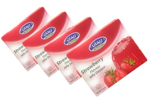 Reihan's-Strawberry Flavored Gelatin Dessert Mix, Halal Certified, 75g each. (4 Pack)