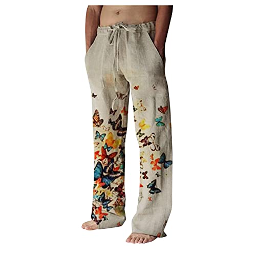 Yundan Men's Sweatpants, Cotton Linen Pants Soft Comfy Loose Fit Wide Leg Trousers Sports Running Jogger Pants Drawstring Beige, Large #TOP21