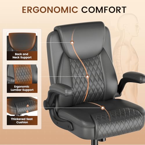 Image of GTPLAYER Leather Office Chair, Home Desk Chair with Flip-up Arms and Ergonomic Back - Comfy Heavy Duty Executive Chair for Home Office Gaming, Gray