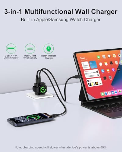 Image of Samsung Galaxy Watch8 Charger, 3 in 1 Wireless Charging Cube for Galaxy Watch Ultra 8 Classic 7 6 5, Double Port USB C + USB A Fast Charger Wall Plug Power Block for Samsung A17 A16 A15 A36 S26-Black