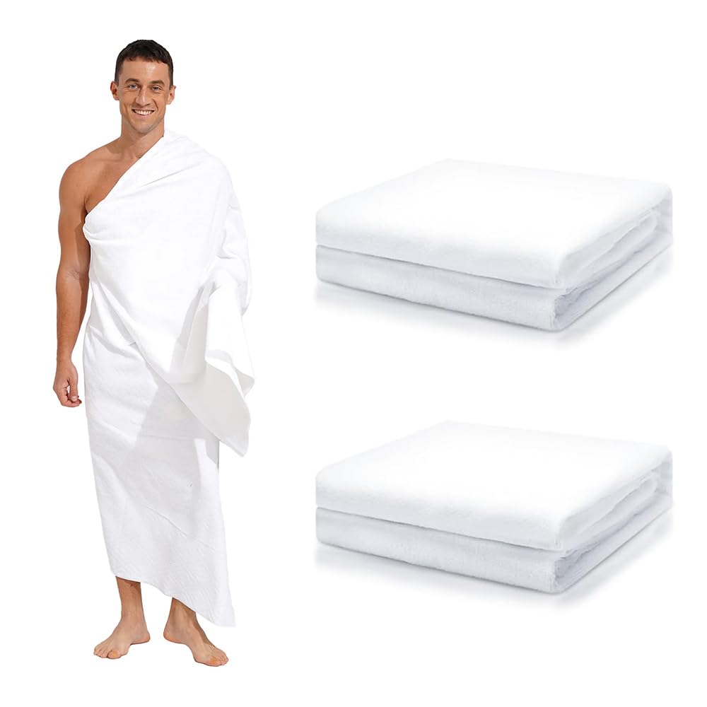 BMLIMITED BML High-Grade Men's Hajj & Umrah 100% Cotton Towels 2 Pack Ahram Ihram Ehram White Essential Pilgrim Gear