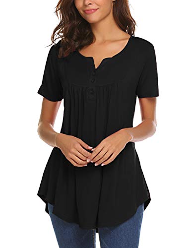 Halife Summer Tops For Women Casual Short Sleeve Blouse Henley V Neck Loose Fitting Tunic Shirt Black L #TOP1
