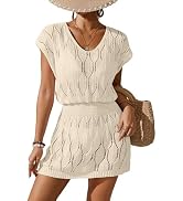 BreathSunny Womens Crochet Cover Up Elastic Waist Beach Dresses Summer 2026 Scoop Neck Cap Sleeve...