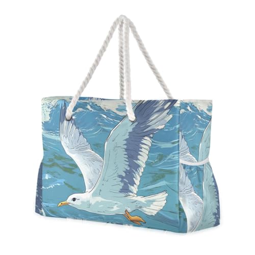 Seagull Flying over The Ocean Waves Sturdy Pocket Tote Bag with side pocketes Weekender Travel Bag for Pool Gym Grocery Travel