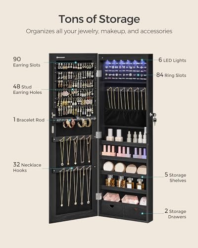 Image of SONGMICS Hanging Jewelry Cabinet, Wall-Mounted Cabinet with LED Interior Lights, Door-Mounted Jewelry Organizer, Full-Length Mirror, Gift Idea, Ink Black UJJC099B01