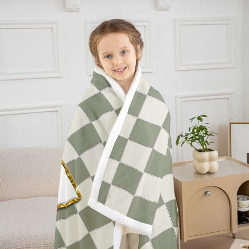 Image of Erosebridal Sage Green Checkered Fuzzy Plush Throw Plaid Initial E Fleece Blanket Personalized Monogram Sherpa Blanket for Kids Boys Girls,Fashion Grids Gingham Decor for Bed Couch Throw 50 inchx60 inch
