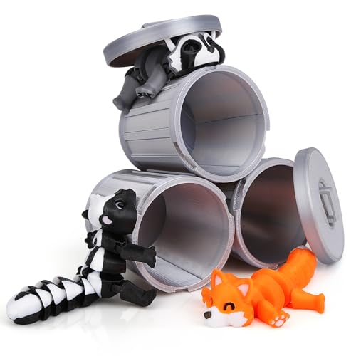 3D Printed Raccoon, Fox, Skunk with Trash Can Set