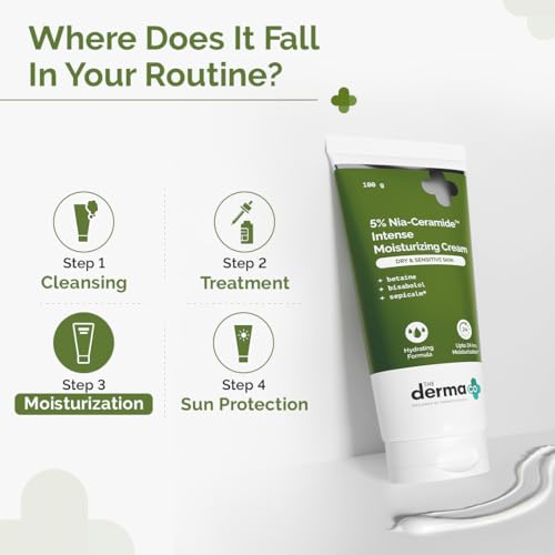 Image of The Derma Co 5% Nia-Ceramide Intense Moisturizing Cream | 5% Niacinamide & Ceramide | 24hrs.Moisturization | Betaine, Bisabolol & Sepicalm | Moisturizer for Dry & Sensitive Skin - 100 g