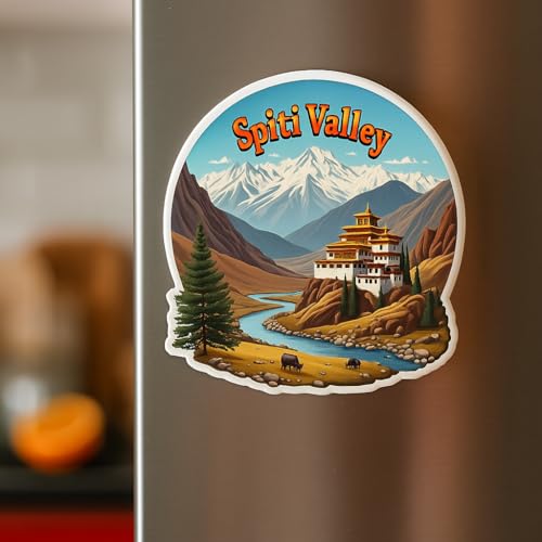 Image of Naxon Spiti Valley Himachal Pradesh Theme Souvenir Wooden Refrigerator Stylish Fridge Magnet - Travel Collectible Gift | Fridge Decoration Magnet for Kitchen & Home Decor | Size 3x3 Inches | Pack of 1