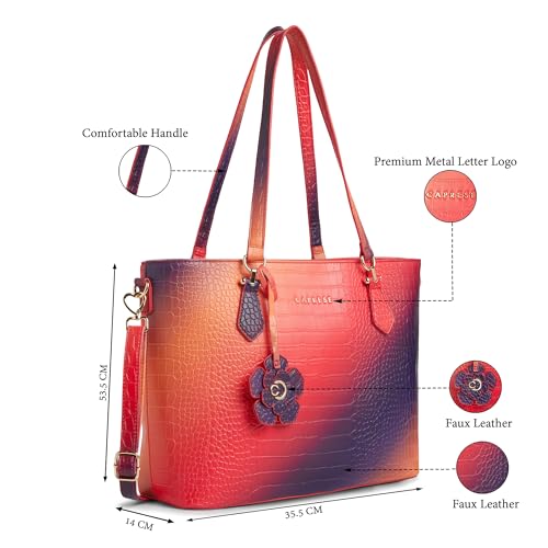 Image of Caprese Marilyn Large Tote Bag for Women | Multi-Color Ombre Croc Pattern Handbag with Flower Charm & 2 Specius Compartment | Adjustable & Detachable Strap Shoulder Bag for Travel & Office Use (Red)