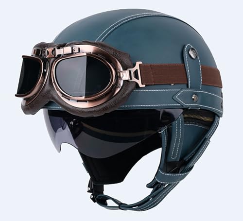 Casco jet de moto retro de cuero con visera y talla M de 57-58 centímetros para scooter