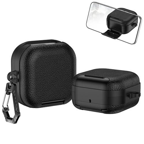 Image of Leather Texture Case for Samsung Galaxy Buds 4 and 4 Pro with Carabiner, Built-in Phone Stand, Locking-Switch Design Business Cover (Black, Leather with Stand)