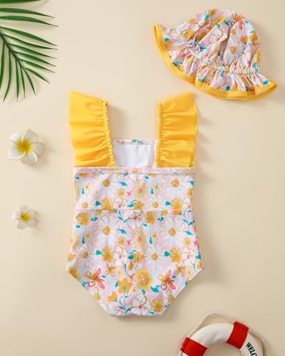 Image of Toddler Girl Swimsuit Baby Girl Bathing Suit Long Sleeve Floral Zipper One-Piece Rash Guard Swimsuit with Hat