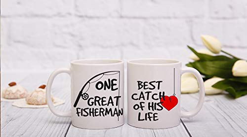 Aw Fashions One Great Fisherman, Best Catch Of His Life Couples Mug - Funny Couple Mug - (2) 11Oz Coffee Mug - Funny Mug Gift Set - Mugs For Husband And Wife - Him And Her Gifts #TOP4