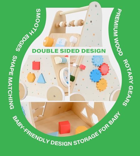 Image of Wooden Baby Walker Toddler Push Walker with Activity Center | Push Toys with Montessori Toys for 1 Year Old with Baby Activity Center 12-36 Months Learning to Walk