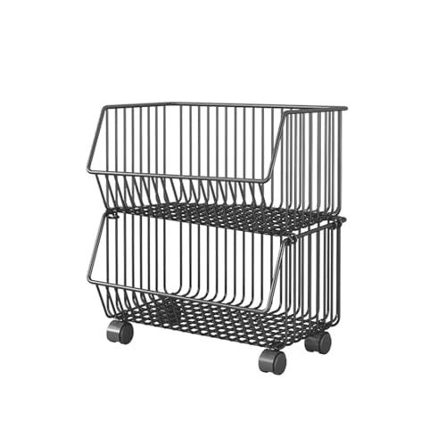 Buachois Rolling Snack and Storage Cart avec Roues, empilable 2/3 Tier Fruit Basket Metal Wire Potato Onion Organizer Basket Bins Rack pour l'organisation du Garde-Manger de la (2 Niveaux)
