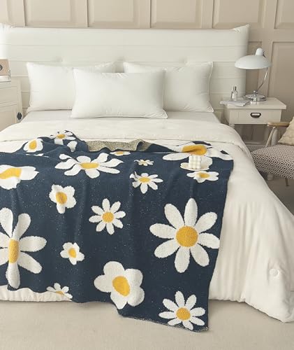 Image of Ultra Soft Cozy Daisy Sunflower Knitted Throw Blanket Fluffy Microfiber Checkerboard Bed Blanket Lightweight Both Sides Blanket for Couch Sofa Bed (Daisy Bule, Baby 30 inchx40 inch)