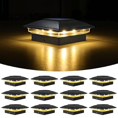 VOLISUN Solar Post Cap Light Outdoor Waterproof 12pack,Solar Fence - Post Lights for 4x4 5x5 6x6 Wooden/Vinyl Post,Black Deck Post Cap Light Solar Powered with Warm White for Garden/Patio/Porch