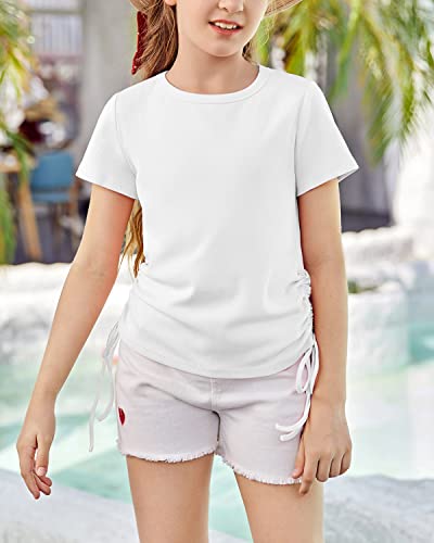 Image of Imily Bela Girls Tees Shirts Cute Crew Neck Short Sleeve Side Drawstring Solid Tops Kids Children Summer Clothes