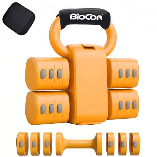 a set of adjustable gray dumbbells stacked with weight plates