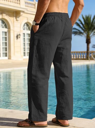 RQP Mens Cotton Linen Pants Casual Loose Fit Drawstring Summer Beach Pants Lightweight Vacation Yoga Trousers with Pockets Black — view 4