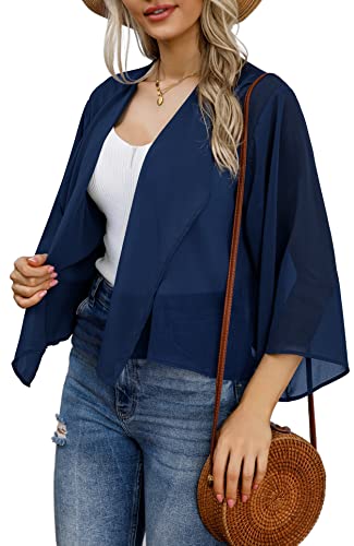 Women's 3/4 Sleeve Kimono Cropped Cardigan Summer Bolero Short Shrugs Jackets (Navyblue,2Xl) #TOP1