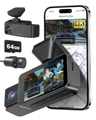 FitDVR 4K 3 Channel Dash Cam, 2160P+1080P+1080P Front and Rear Inside Car Camera with 64GB Card, WiFi Built-in GPS, 3“ IPS Screen, IR Night Vision, G Sensor, WDR, 24/7 Parking Mode(F3)