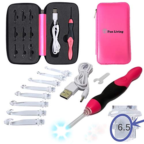 Fun Living Rechargeable Compact 9 in 1 LED Dimmable Lighted Crochet Hooks Complete Set with 9 Interchangeable Heads 2.5mm to 6.5mm Light up Bonus Zip Case and USB Charging Cable Color Options (Pink)