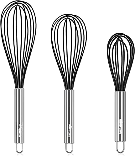 NileHome Schneebesen, flach, kommerziell, Edelstahl und Silikon, antihaftbeschichtet, kleines Schneebesen-Set, 20,3 cm, 25,4 cm, 30,5 cm, Schneebesen, Drahtbesen zum Kochen, 3 Stück, schwarz Cover