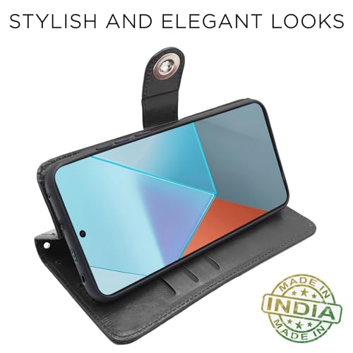 Image of Pikkme Redmi Note 13 Pro 5G Flip Cover Leather Finish | Inside TPU with Card Pockets | Wallet Stand and Shock Proof | Complete Protection Button Flip Case (Black)