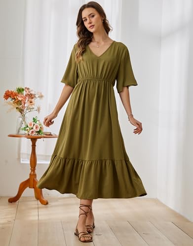 Image of Women's Summer Short Sleeve Maxi Floral Flowy Dresses with Pockets