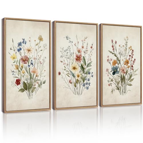 KUVIOKE Vintage Wildflower Bouquet Antique Framed Wall Art Retro Flower