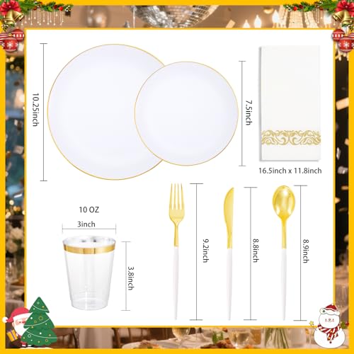 Supernal 350pcs Gold Plastic Dinnerware Set for 50 Guests,Fancy Disposable Plates for Party,Gold Plastic Silverware with White Handle,Disposable White Plates Wedding,Birthday