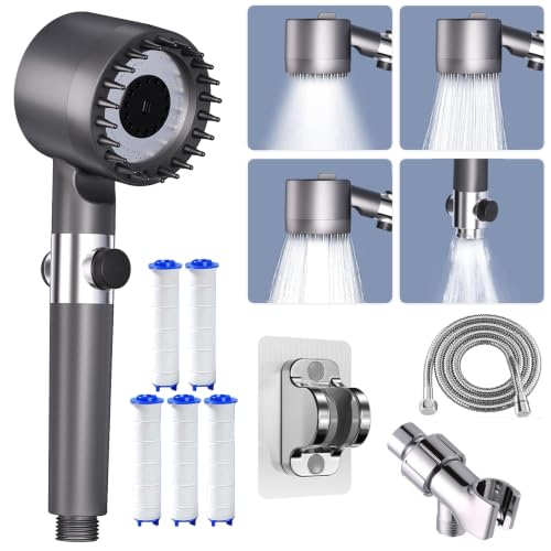 Ion Shower Head, Shower Head High Pressure with Handheld & 5 Filters, 4 Modes & Pause Switch, Showerhead Set with 59' Explosion-Proof Hose & Dual Brackets for Hard Water & Pets, Gray