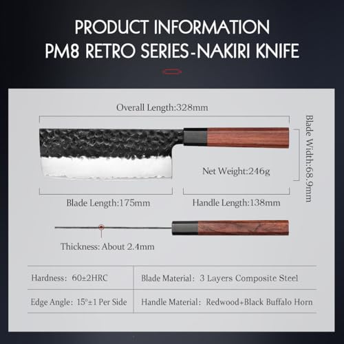 HEZHEN Coltello Nakiri, Stile Giapponese Coltello a Mannaia, Multiuso Coltello da Cuoco Asiatico Per Affettare Carne e Tagliare Verdure, Manico Ergonomico Ottagonale in Legno di Sequoia - immagine 3