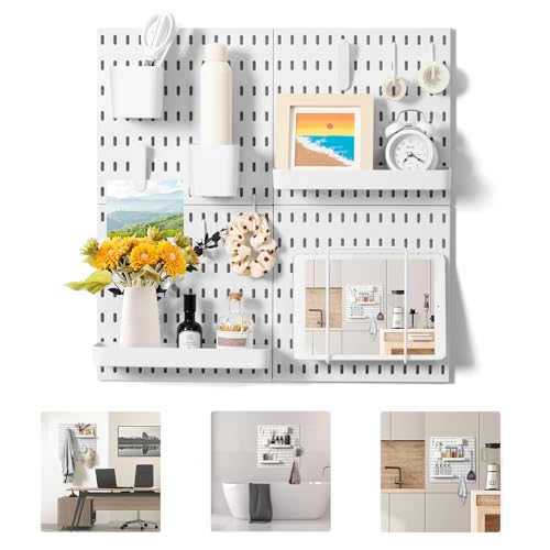 VUSIGN Pegboard Combination Wall Organizer Kit, 4 Pieces Pegboards and 17 Accessories Modular Hanging, Wall Mount Display Peg board Panel Kits for Bedroom, Home, Office, Bathroom, 22' x 22', White