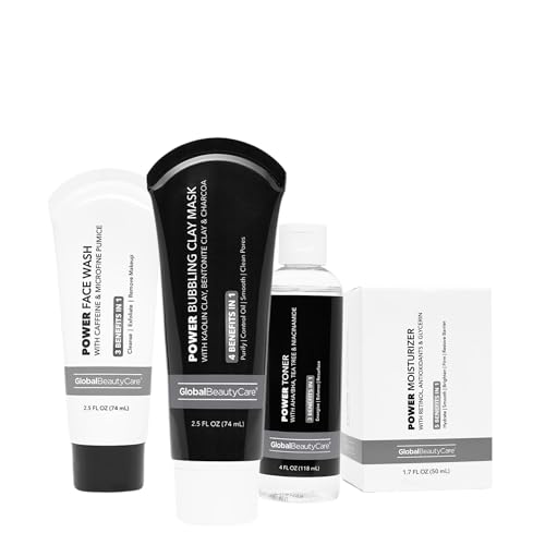 Global Beauty Care Multi-Benefit Power Skincare 4-piece Set – Face Wash 2.5oz, Toner 4oz, Moisturizer 1.7oz, Bubbling Clay Mask 2.5oz – with Caffeine, Niacinamide, Retinol, Antioxidants And Charcoal