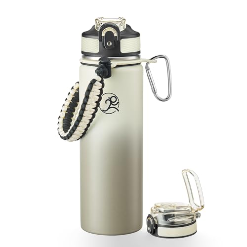 Image of GOSWAG 24oz Insulated Stainless Steel Travel Water Bottle, 2 Lids | with straw and no straw, Paracord handle, Double-wall vacuum keeps drinks cold or hot, Leakproof tumbler