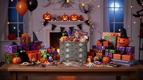 Image of Halloween Basket Gift Cute Pumpkin Ghost Parties Decor Kid Trick or Treat Basket for Boys and Girls Rectangular Storage Bin Box (Black and White Checkered Bow Bat)