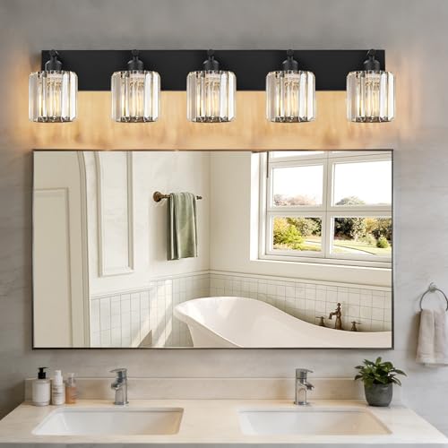 Image of Black Crystal Bathroom Vanity Light, 5-Light Modern Bathroom Lighting Fixtures Over Mirror, Matte Black Wall Sconce Light Fixtures with Round Shade