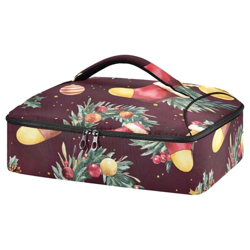 BOESI Doodle Christmas Stocking Pattern Insulated Casserole Dish Bag Lunch Bag Insulated Insulated Food Bag Reusable for Holding Hot and Cold Food Suitable for Potluck Parties/Picnics/Cookouts